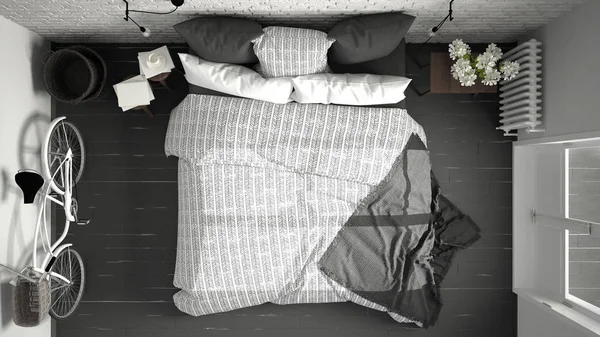 Beyaz ve gri modern yatak odası rahat Çift Kişilik Yatak, tuğla duvar, 