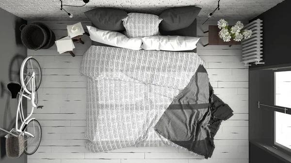 Белая и современная спальня с уютной двуспальной кроватью, стеной из брика , — стоковое фото