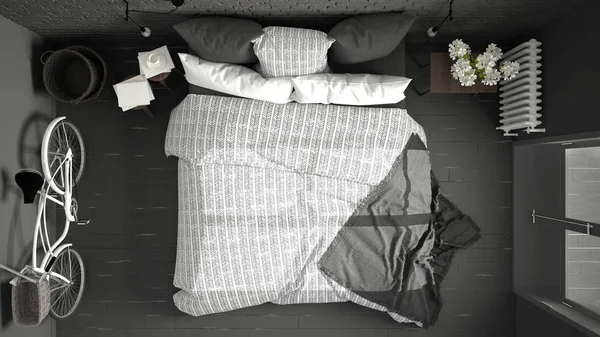 Άσπρο και γκρι σύγχρονη κρεβατοκάμαρα με άνετο διπλό κρεβάτι, τοίχο από τούβλα, — Φωτογραφία Αρχείου