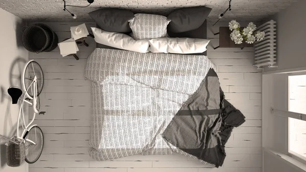 Beyaz ve gri modern yatak odası rahat Çift Kişilik Yatak, tuğla duvar, 