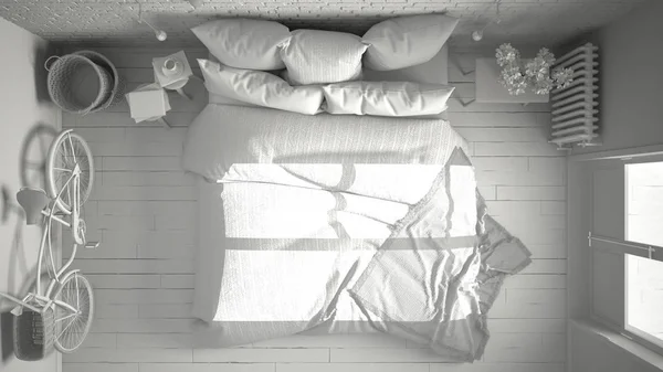 Projektets totala vit av moderna sovrum med skön dubbelsäng, bric — Stockfoto