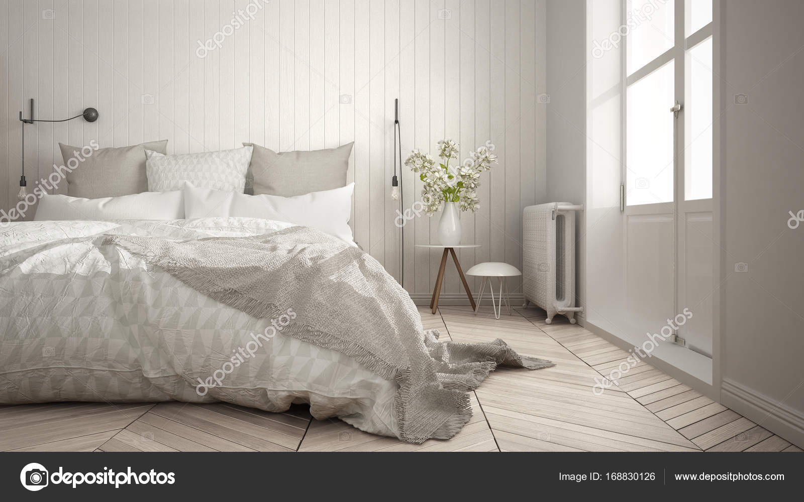 Camera da letto minimalista scandinavo con grande finestra for Letto minimalista
