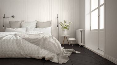 Büyük pencere ve balıksırtı minimalist İskandinav yatak odası 