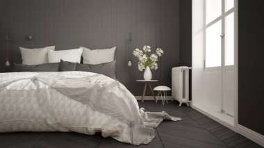 Büyük pencere ve balıksırtı minimalist İskandinav yatak odası 