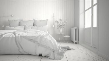 Toplam beyaz proje ile büyük minimalist İskandinav yatak odası 
