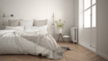 Arka plan dekorasyon, beyaz ve gri modern yatak odası w bulanıklık