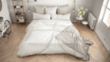 Arka plan dekorasyon, beyaz ve gri modern yatak odası w bulanıklık