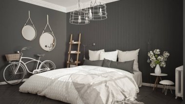 Büyük pencere ve balıksırtı minimalist İskandinav yatak odası 