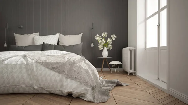 Skandynawskie minimalistyczny sypialnia z duże okno i w jodełkę — Zdjęcie stockowe