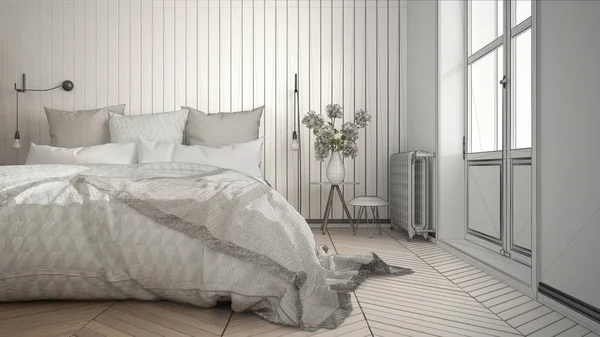 Progetto incompiuto di scandinavo camera da letto minimalista con grande w — Foto Stock