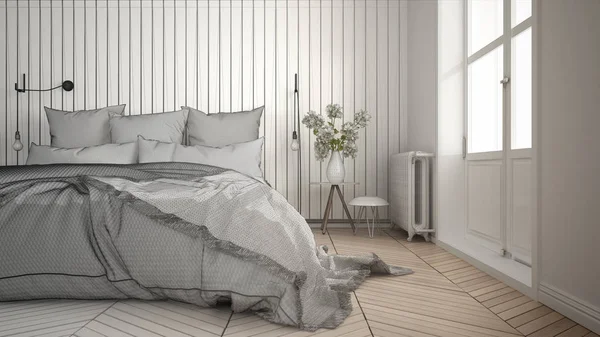 Progetto incompiuto di scandinavo camera da letto minimalista con grande w — Foto Stock