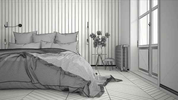 Незаконченный проект скандальной минималистской спальни с большим экраном — стоковое фото