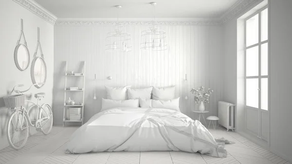 Полный белый проект скандальной минималистской спальни с большой — стоковое фото