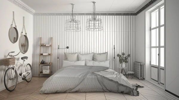 İskandinav minimalist yatak odası büyük w ile tamamlanmamış proje