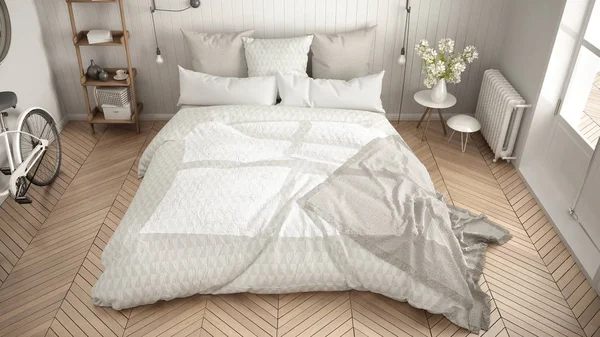 Büyük pencere ve balıksırtı minimalist İskandinav yatak odası 