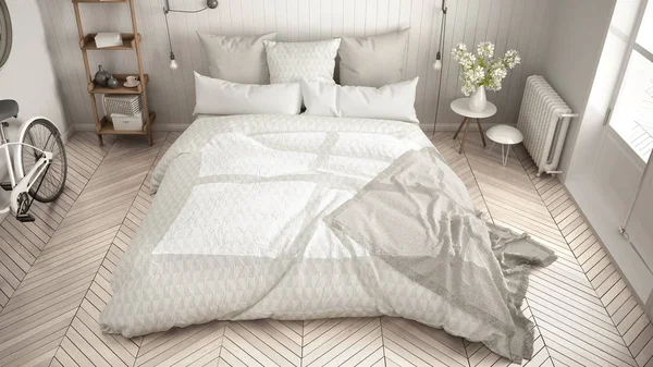 Büyük pencere ve balıksırtı minimalist İskandinav yatak odası 