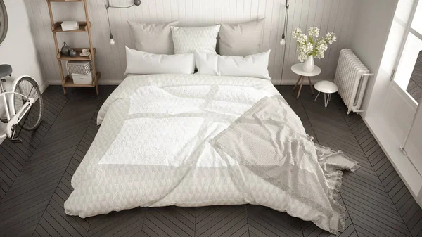 Büyük pencere ve balıksırtı minimalist İskandinav yatak odası 