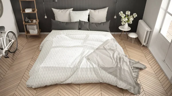 Büyük pencere ve balıksırtı minimalist İskandinav yatak odası 