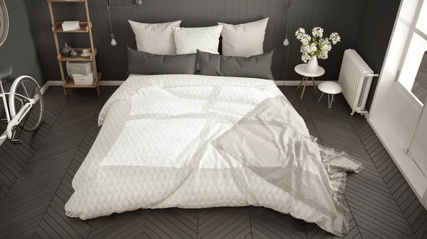 Scandinavische minimalistische slaapkamer met groot raam en visgraat — Stockfoto