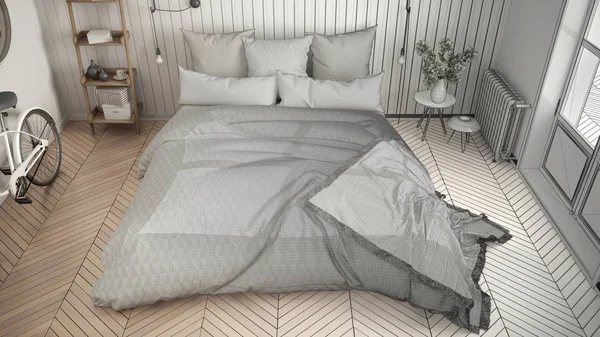 İskandinav minimalist yatak odası büyük w ile tamamlanmamış proje