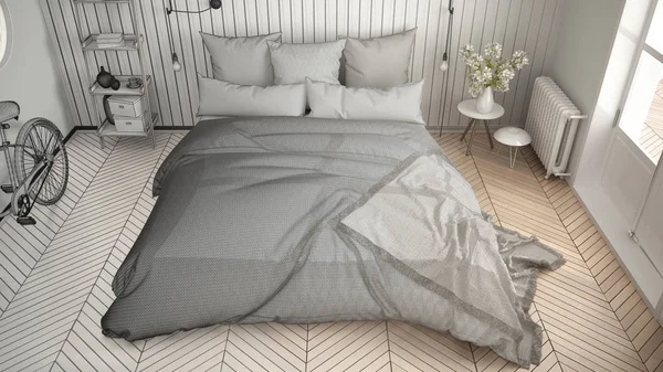 İskandinav minimalist yatak odası büyük w ile tamamlanmamış proje