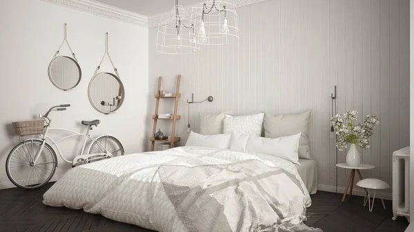 Скандальная минималистская спальня с большим окном и косточкой — стоковое фото