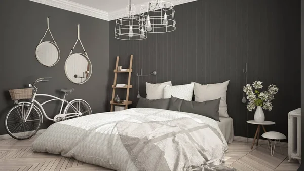 Büyük pencere ve balıksırtı minimalist İskandinav yatak odası 