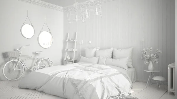 Progetto totale bianco di scandinavo camera da letto minimalista con grande — Foto Stock