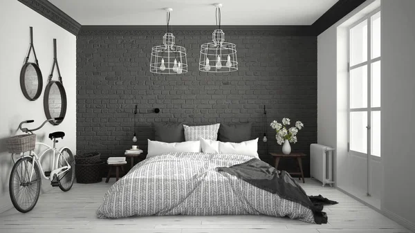 Beyaz ve gri modern yatak odası rahat Çift Kişilik Yatak, tuğla duvar, 