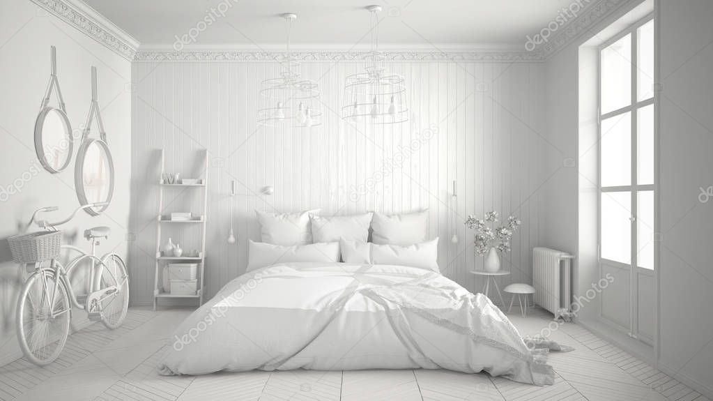 Total white project of scandinavian minimalist bedroom with big 