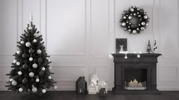 Klasický obývací pokoj s krbem, vánoční strom a dekory, w — Stock fotografie