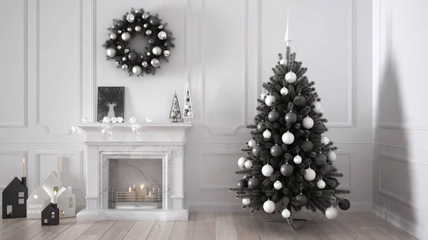 Klassieke woonkamer met haard, kerstboom en decoren, w — Stockfoto