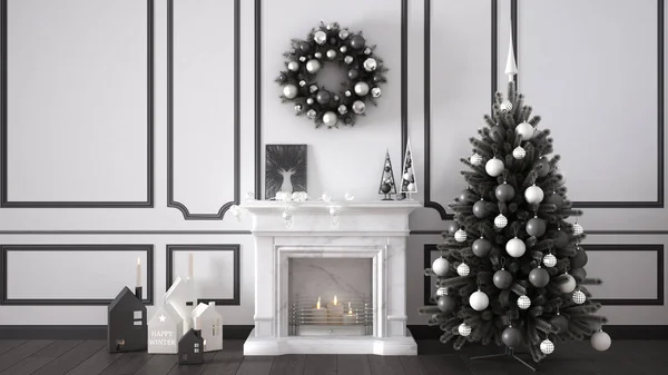 Klassieke woonkamer met haard, kerstboom en decoren, w — Stockfoto