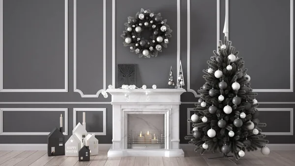 Klasszikus nappali kandallóval, karácsonyfa és dekorok, w — Stock Fotó