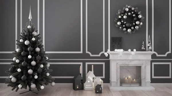 Salon classique avec cheminée, sapin de Noël et décors, w — Photo