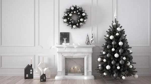 Klassieke woonkamer met haard, kerstboom en decoren, w — Stockfoto