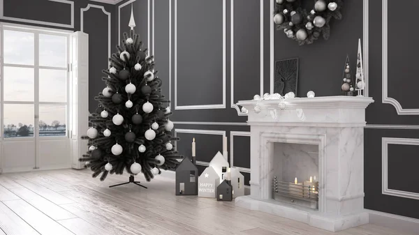 Klasický obývací pokoj s velkým okno a krb, vánoční tre — Stock fotografie