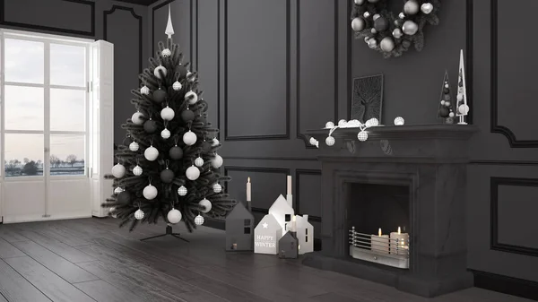 Класична вітальня з великим вікном і каміном, Різдвяна ялинка — стокове фото