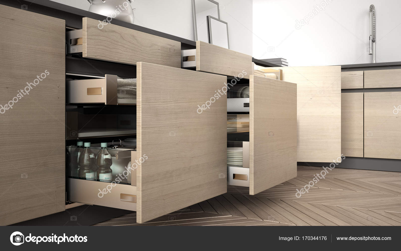 Cocina moderna, abrió cajones de madera con accesorios de interior ... Cocina moderna, abrió cajones de madera con accesorios de interior ...