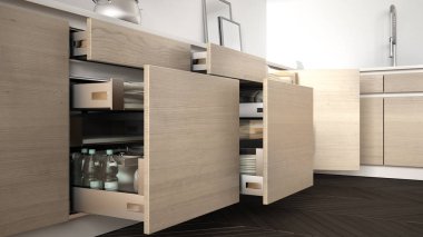 Modern mutfak aksesuarları içinde s ile ahşap çekmece açıldı