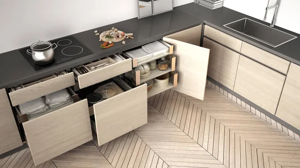 Moderne keuken bovenaanzicht, opende houten laden met accessoires — Stockfoto