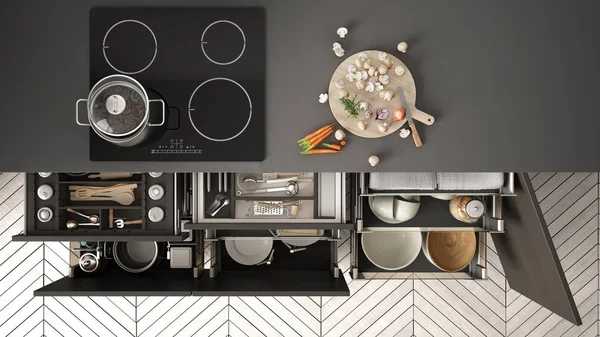 Cuisine moderne vue sur le dessus, tiroirs ouverts et cuisinière avec cuisine p — Photo