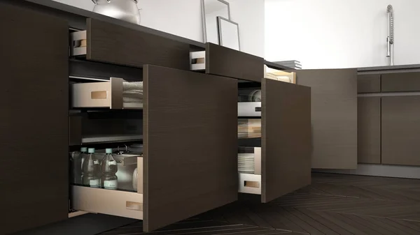 Modern konyha, nyitott fa bútorok kiegészítők belül, s — Stock Fotó