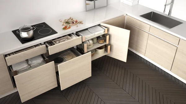 Cocina moderna vista superior, cajones de madera abiertos con accesorios —  Fotos de Stock