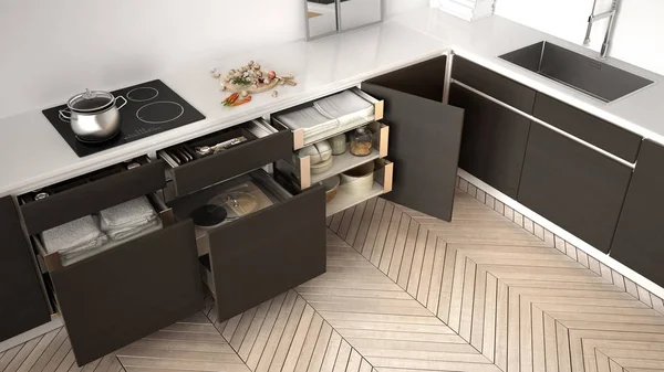 Pemandangan atas dapur modern, laci kayu terbuka dengan aksesoris — Stok Foto