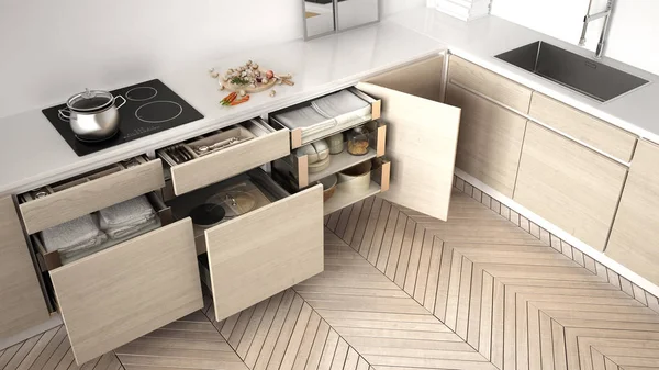 Modern kitchen top view, opened wooden drawers with accessories