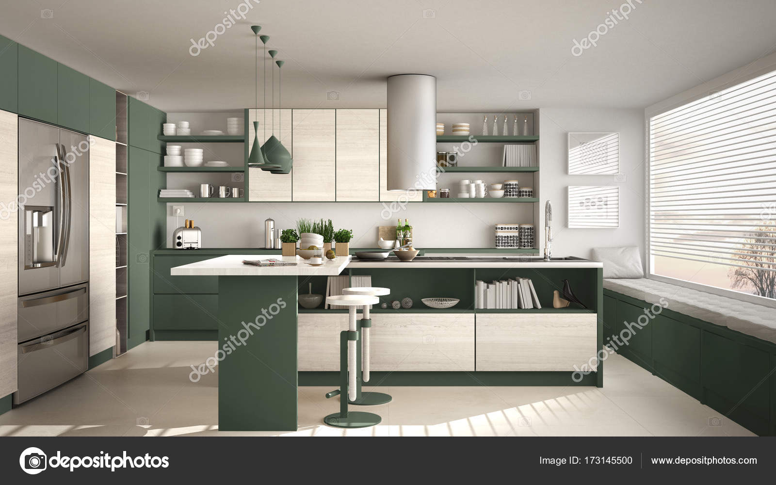 Modern Wooden Kitchen With Wooden Details And Panoramic