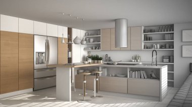 Modern ahşap mutfak ahşap uygu tamamlanmamış projenin