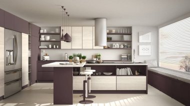 Modern ahşap mutfak ahşap detayları ve panoramik penceresine, 