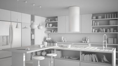 Modern ahşap mutfak ahşap detayları ile toplam beyaz proje